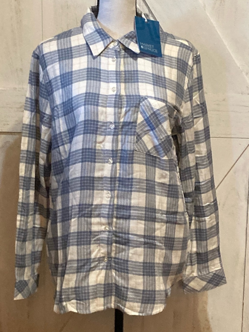 Market & Spruce Blue and White Plaid Button-Down Shirt